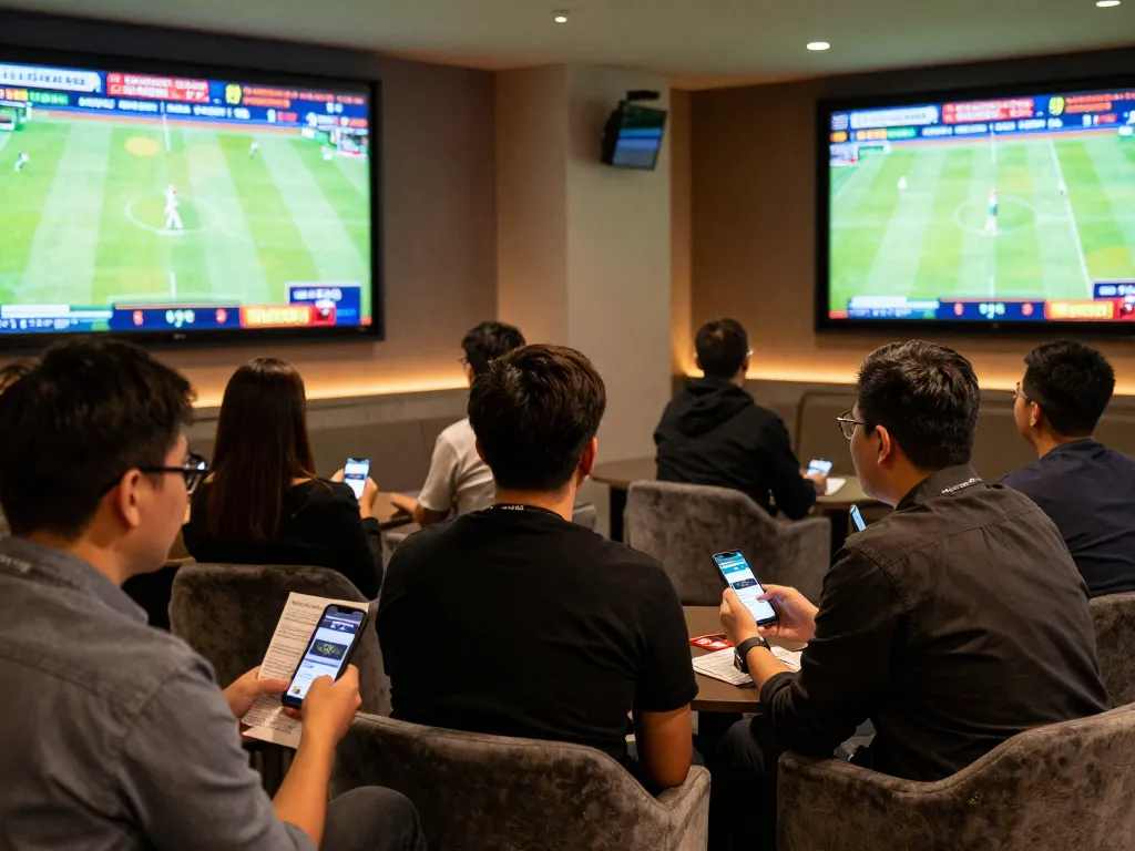 Fans engaging in live sports betting with the NET88 app, capturing excitement and interaction in a vibrant lounge