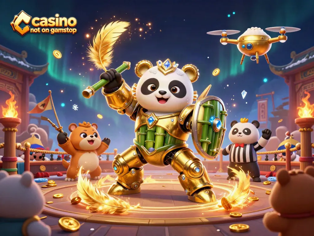 Experience the excitement of casino not on gamstop with a dynamic mech-suit panda fighting in a vibrant arena.