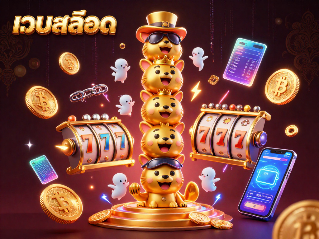 Play เว็บสล็อต with exciting slot reels and vibrant cryptocurrency elements in a dynamic 3D scene.