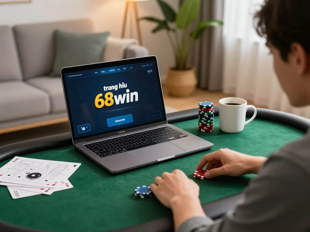 Engaging in strategic poker gameplay at trang chủ 68win from a cozy home setup with notes and a laptop.