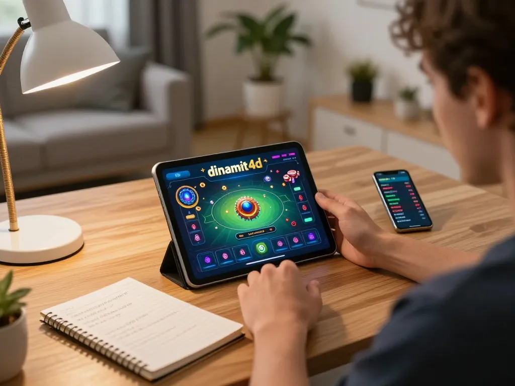 Player enjoying dinamit4d on a tablet, showcasing a strategic online gambling scene.