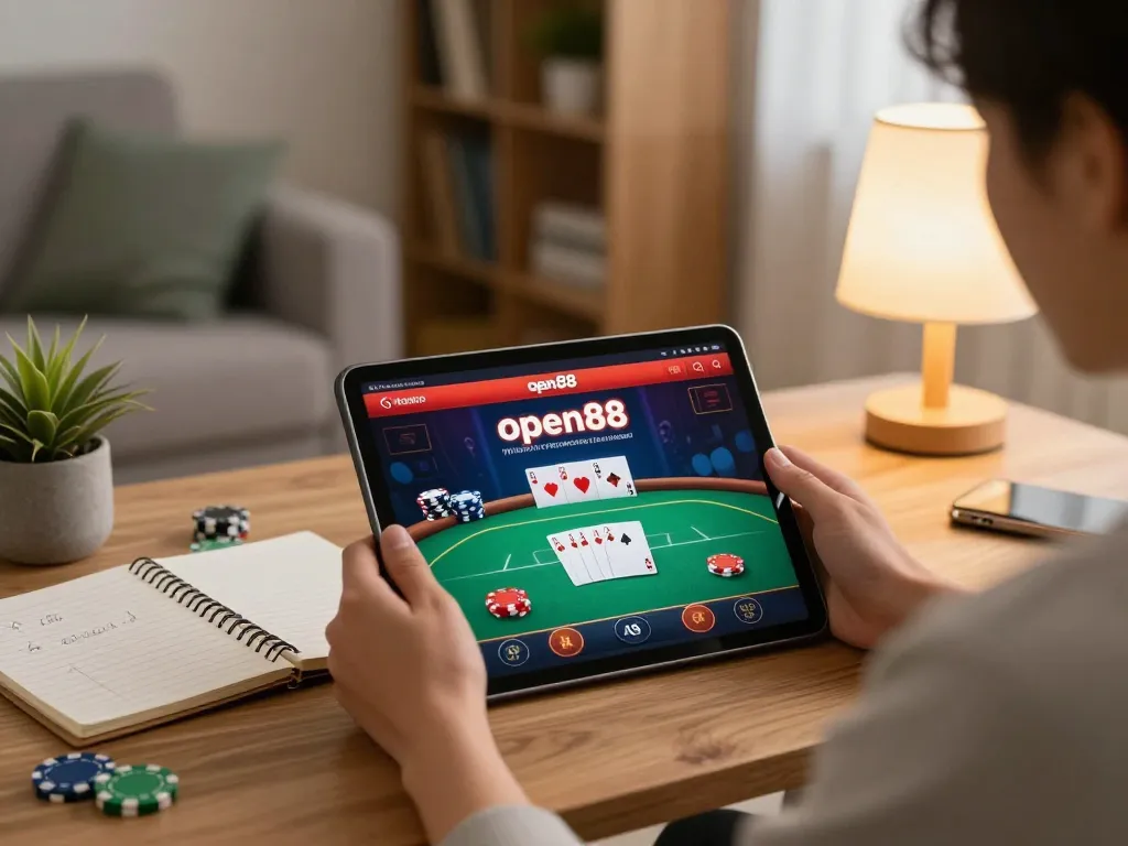 Person plays poker on open88 com in cozy living room, showcasing strategic gambling at home.