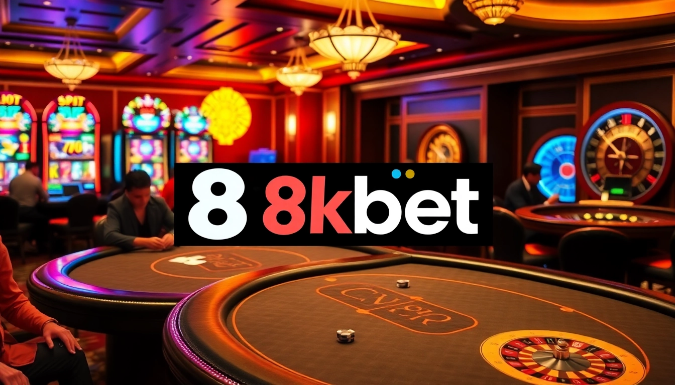 8kbet casino scene featuring poker tables, vibrant slot machines, and roulette wheel action.