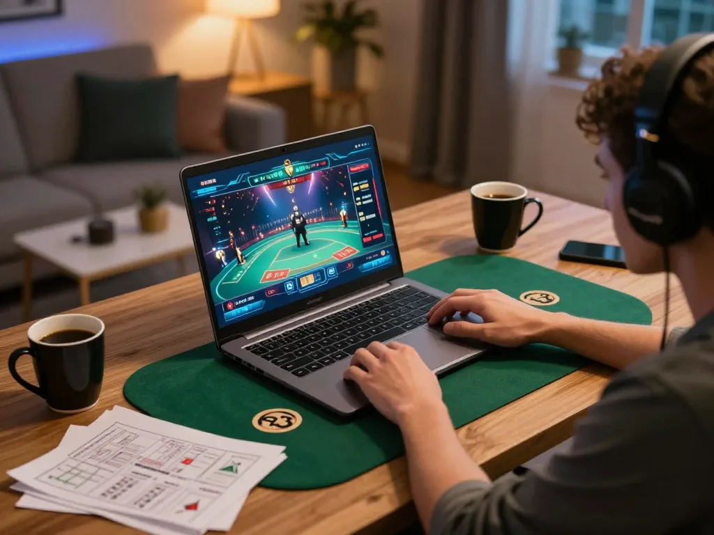 Engaging in online casino gameplay with 98win, showcasing strategy notes and focused ambiance.