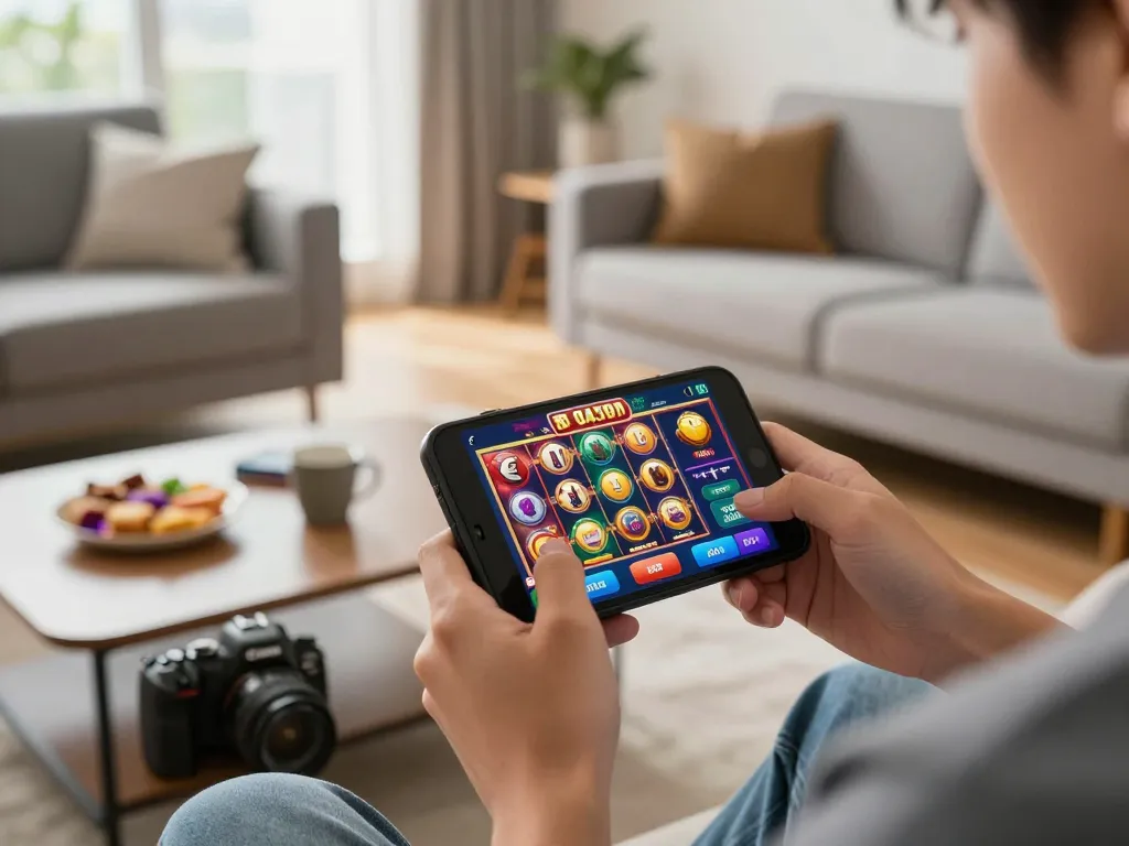 Engaging with mobile casino app at home, showcasing a vibrant scene with nhà cái 88aa integrated
