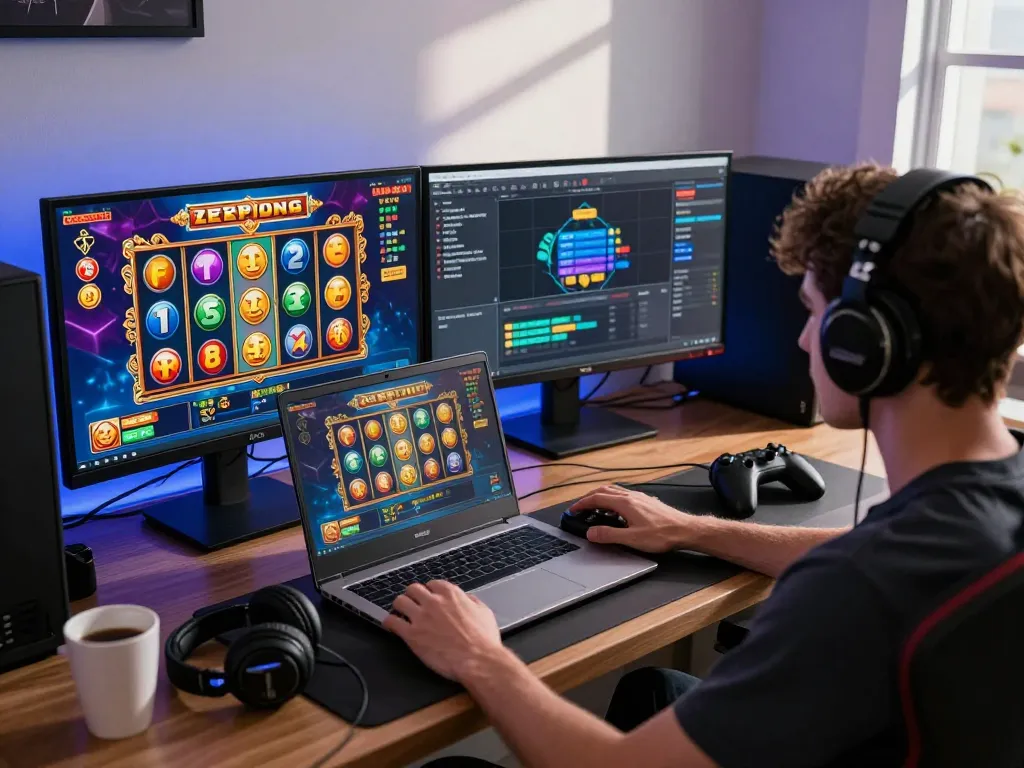 Pemain menikmati permainan demo slot di laptop gaming kelas atas, menampilkan grafis yang hidup dan suasana yang imersif