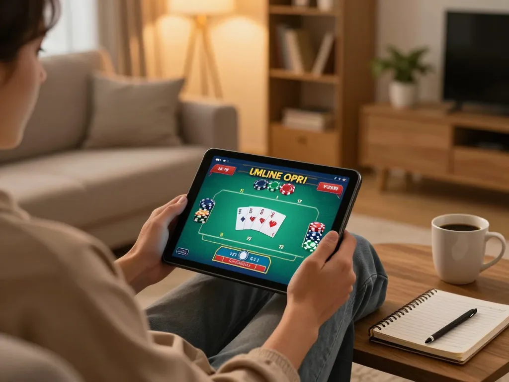 Engaging moment using a tablet for playing Canadian online casinos, showcasing a cozy home environment.