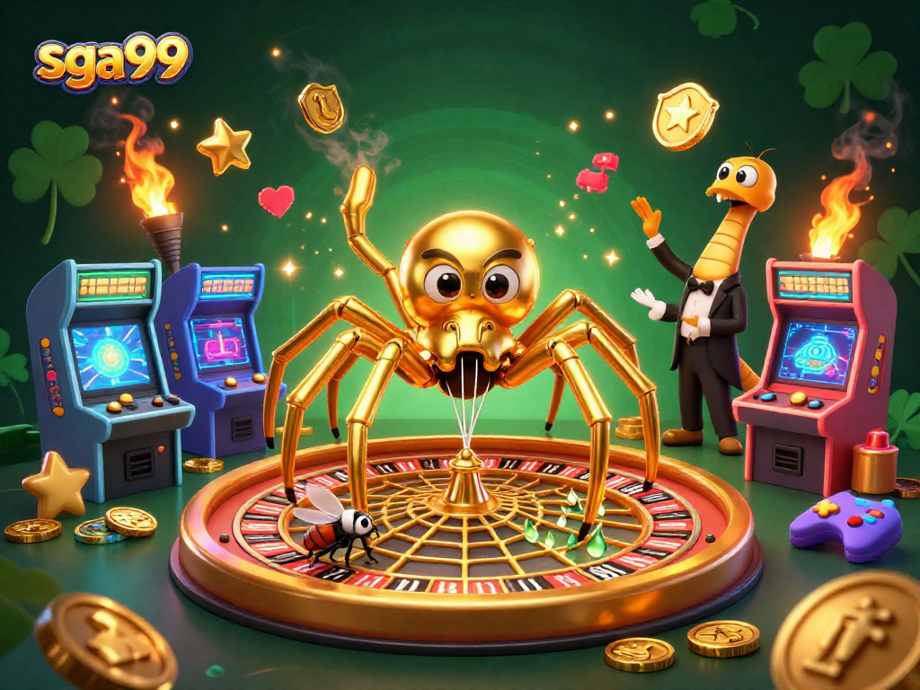 Engage with sga99's thrilling casino adventures, featuring a golden spider and vibrant arcade games.