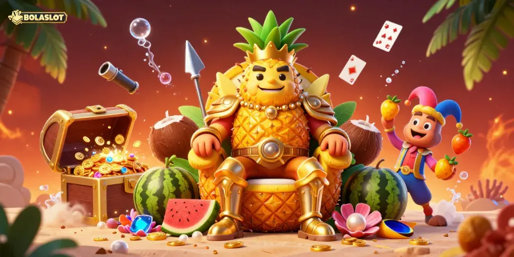 BOLASLOT beach casino scene with a golden pineapple king and tropical characters celebrating big wins.