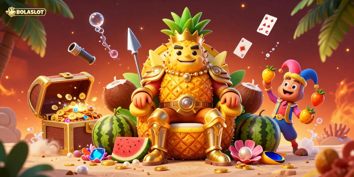 BOLASLOT beach casino scene with a golden pineapple king and tropical characters celebrating big wins.