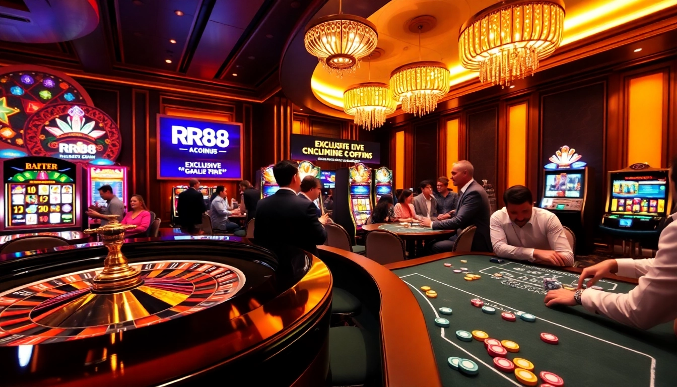 Experience the thrill of RR88's luxurious casino atmosphere with vibrant gaming action.