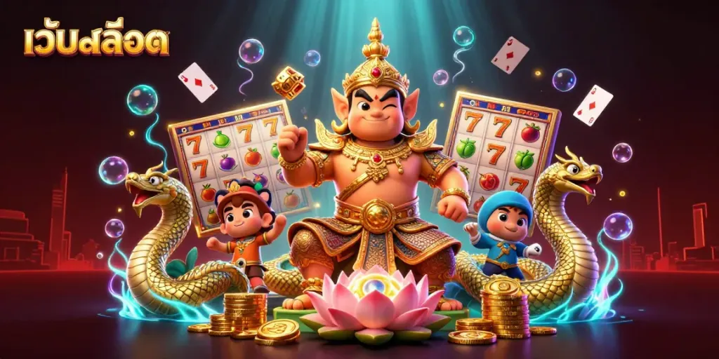 สล็อตเว็บตรงในภาพกราฟฟิก 3D ร่วมกับการ์ดและผู้เล่นที่เตรียมพร้อมลุ้นโชค
