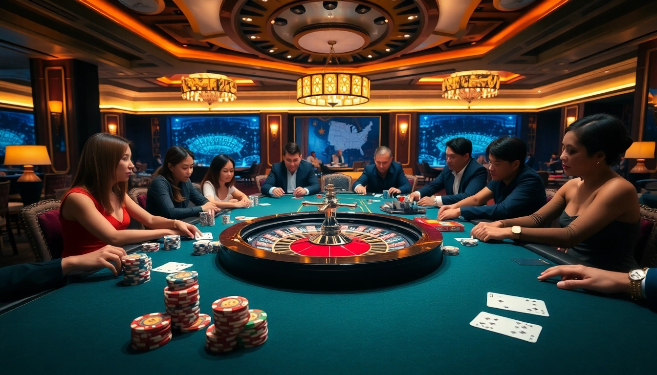Players enjoying a thrilling game at LV88, surrounded by luxury casino elements.