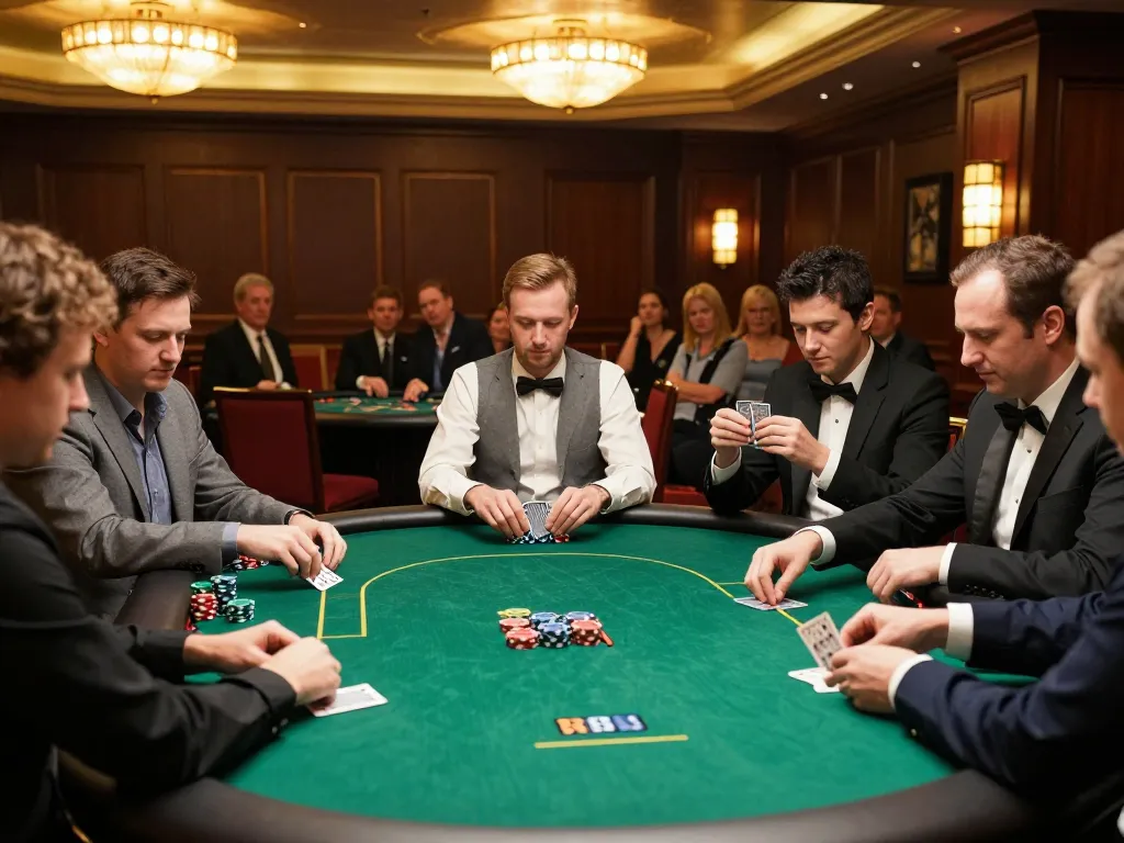 Players engaging in an intense poker game at ok8386a, showcasing chips and cards in a luxurious casino setting.
