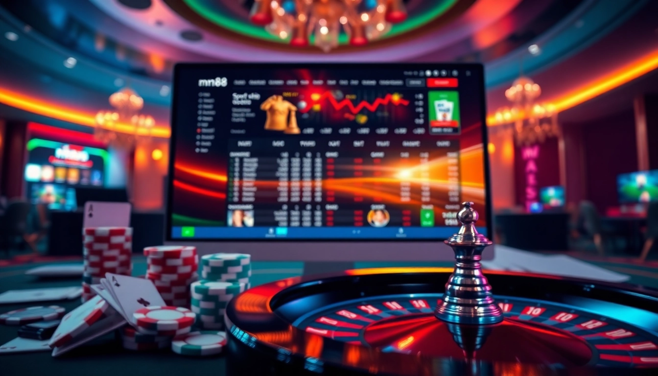Experience excitement at trang chủ mm88 with vibrant gambling visuals featuring poker chips and roulette wheels.