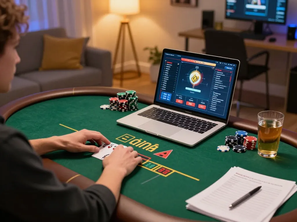 Player engaged in live poker action at home, showcasing gameplay on god55vn platform, emphasizing strategic gaming
