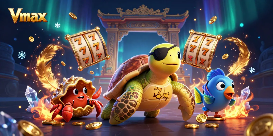 Vmax showcases a lively 3D casino scene with a pirate turtle and exciting slot symbols.