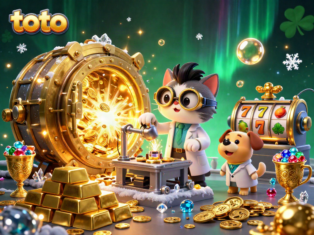 Spin to win with toto in an exciting casino scene full of treasures and vibrant slot machines.