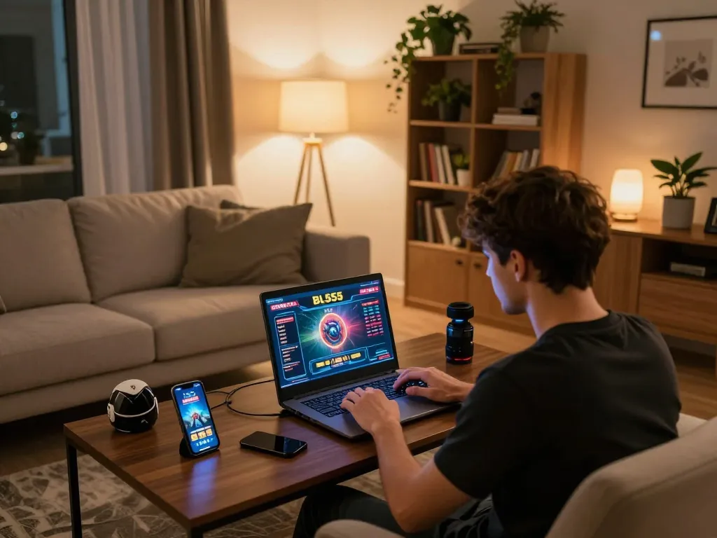 Player enjoying BL555 online casino gaming from a comfortable living room setup.