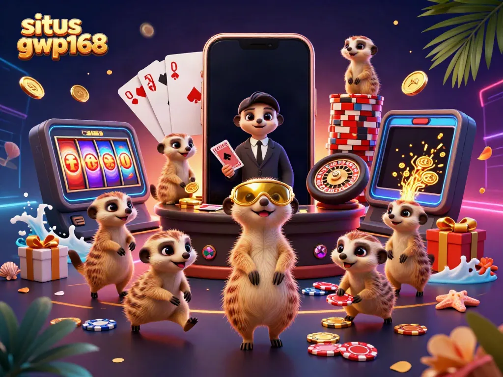 Spinning reels dan chip chip yang memeriahkan situs gwp168 di dalam ilustrasi kasino online yang dinamis.
