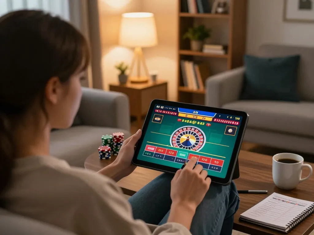 Engaging in online casino Malaysia roulette game from a cozy living room setting.