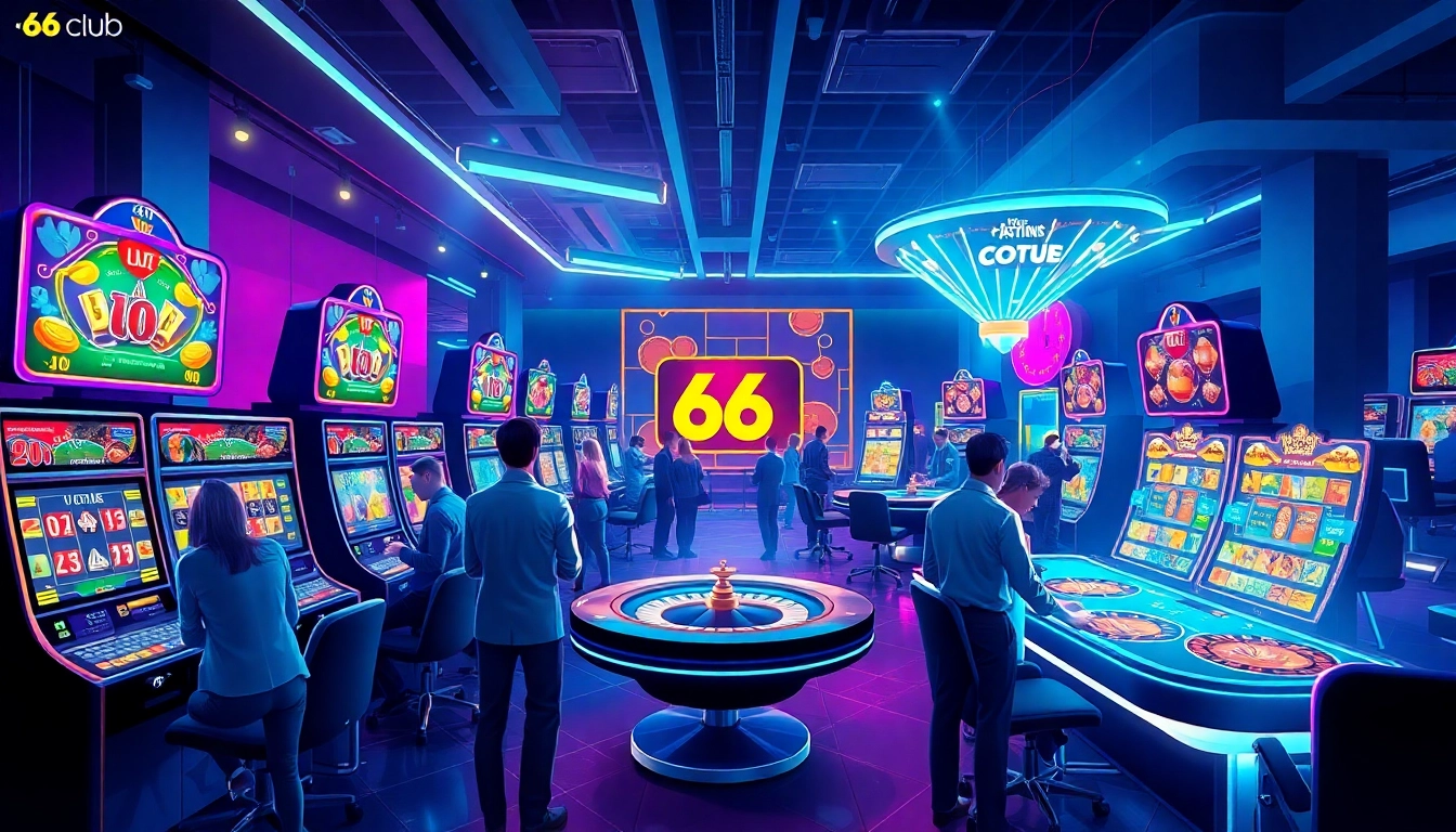 Exciting online gaming experience at 66 club showcasing vibrant slot machines and live dealers.