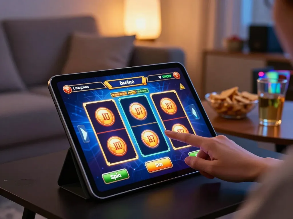 Engaging player enjoying a slot online game on a tablet while relaxing at home.
