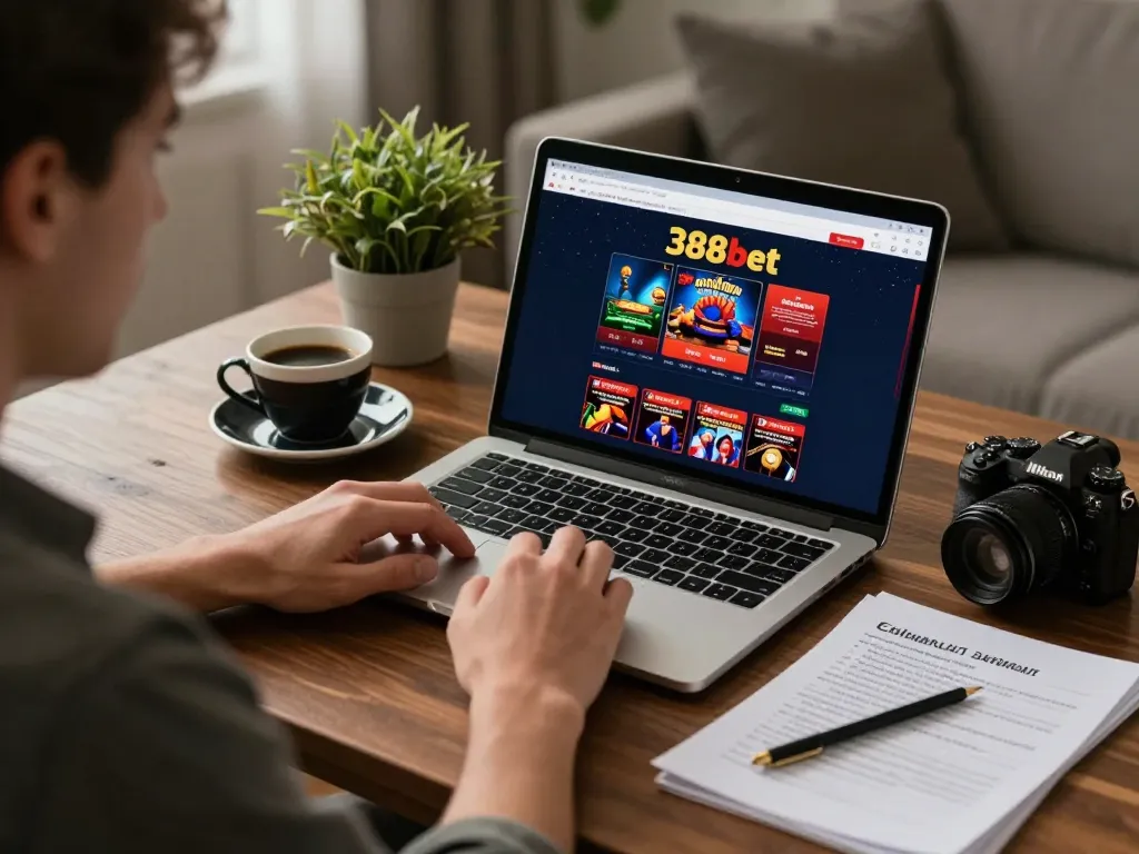 Engaging online gaming moment on 388bet where a player uses their laptop with bankroll tracking notes visible.