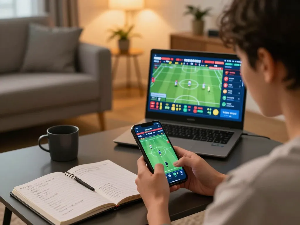 King33 user engaging in mobile sports betting from a cozy living room setup