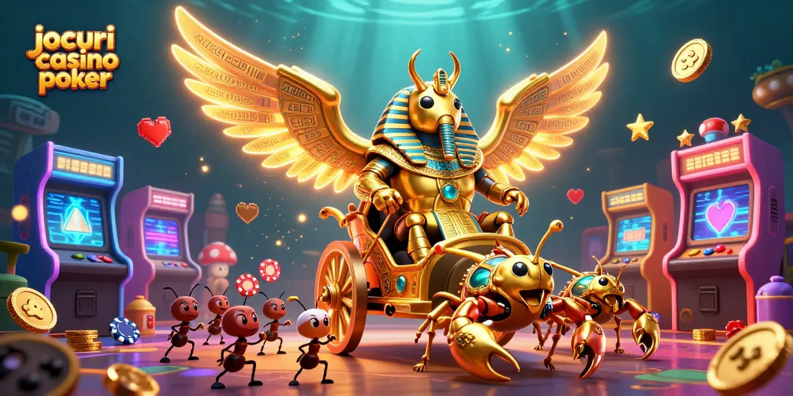 Jocuri casino poker: colosal scarabeu de aur înarmat pe un chariot cu scorpioni, totul într-o atmosferă vibrantă.