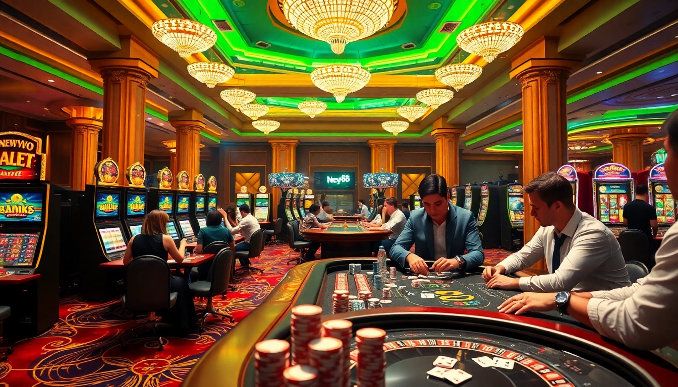 New88 players enjoying a thrilling game of poker at a luxurious casino.