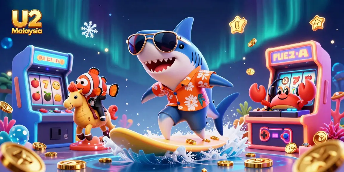 Engaging scene at U2 Malaysia with a shark surfing on gold coins and vibrant gaming elements.