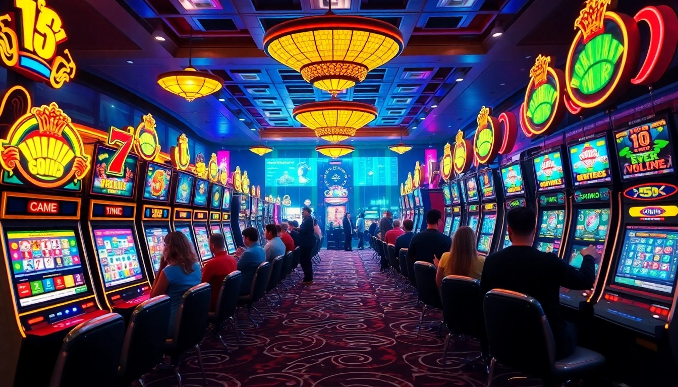 Energetic online gambling scene showcasing players at 79king casino with vibrant gaming machines.