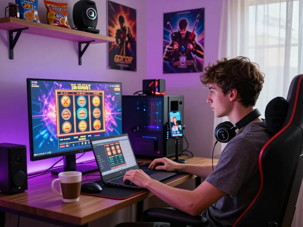 Pemain yang terlibat memainkan permainan slot gacor di laptop dalam ruangan yang cerah.
