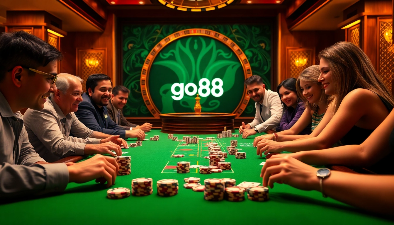 Excited players engaging with the go88 casino gaming table, surrounded by vibrant poker chips and cards.