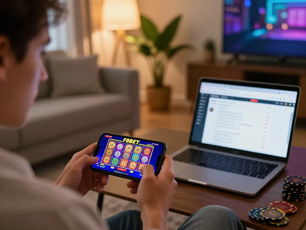 Engaging in F8BET mobile casino gaming with smartphone in a vibrant home setting