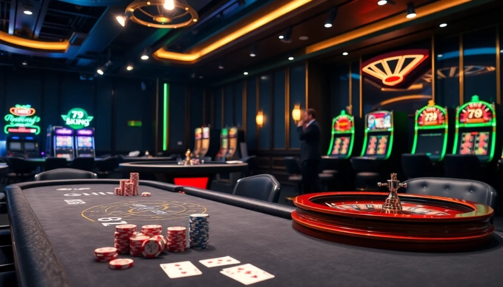 79king poker table action with premium chips and roulette wheel in dramatic casino lighting.