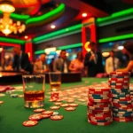 Experience the excitement of high-stakes gambling at an OK8386-themed poker table filled with chips and cards.