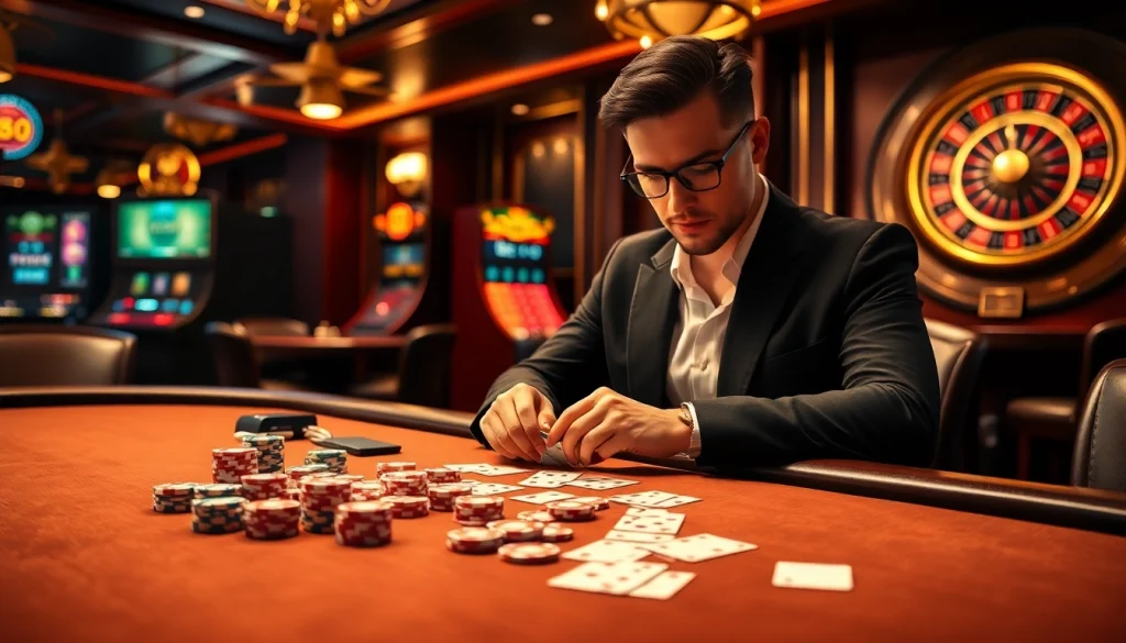 Experience the thrill of poker at mm88's luxurious casino setting with vibrant lighting and upscale ambiance.