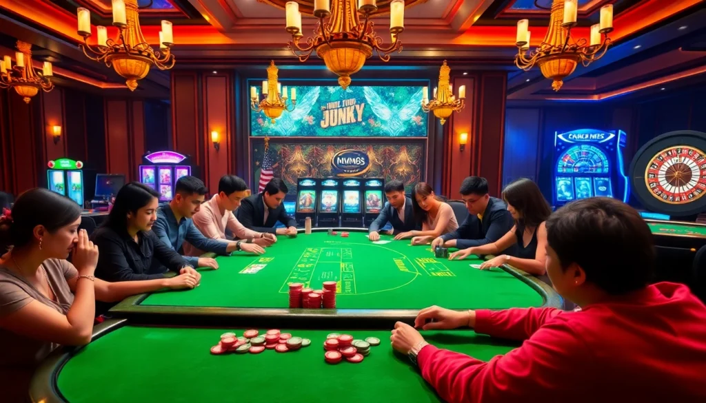 Players enjoying a thrilling gambling experience at MM88 casino table with vibrant chips.