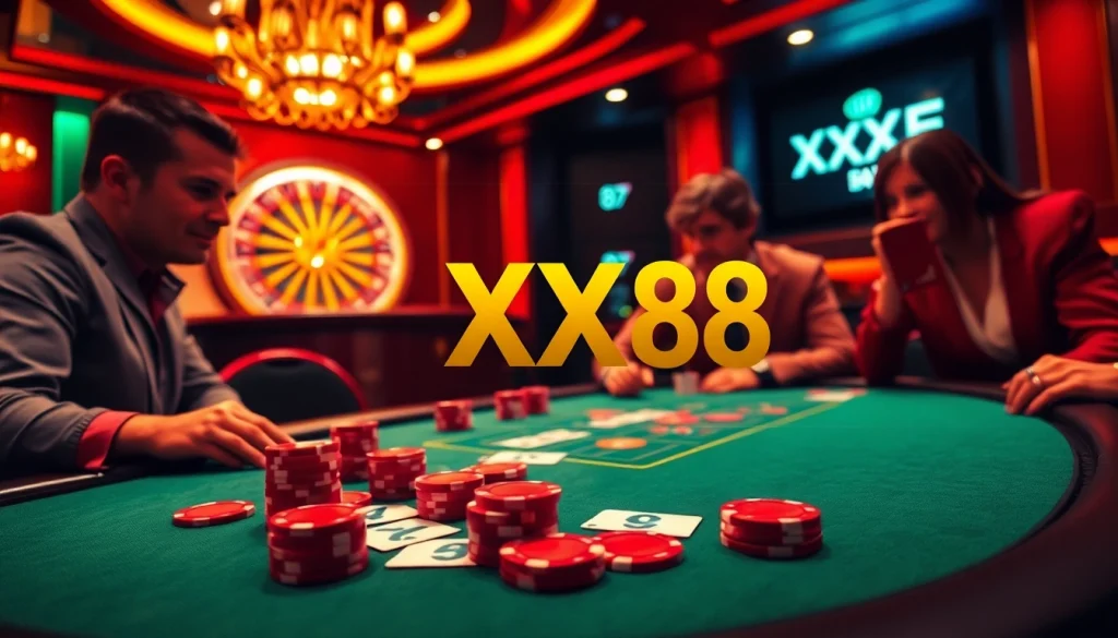 Experience winning moments at XX88's thrilling poker table under ambient lighting.