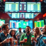 Bettors excitedly engaging in sports betting at a lively sportsbook with live odds screens