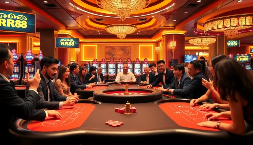 Excited gamblers experiencing the thrill of RR88 at a luxurious casino table.