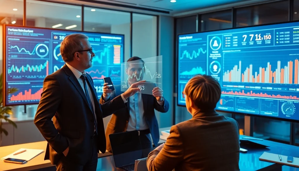 Professionnel de la finance moderne discutant des investissements avec des graphiques holographiques, représentant les services financiers innovants de 79king en 2025