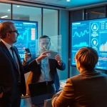 Professionnel de la finance moderne discutant des investissements avec des graphiques holographiques, représentant les services financiers innovants de 79king en 2025