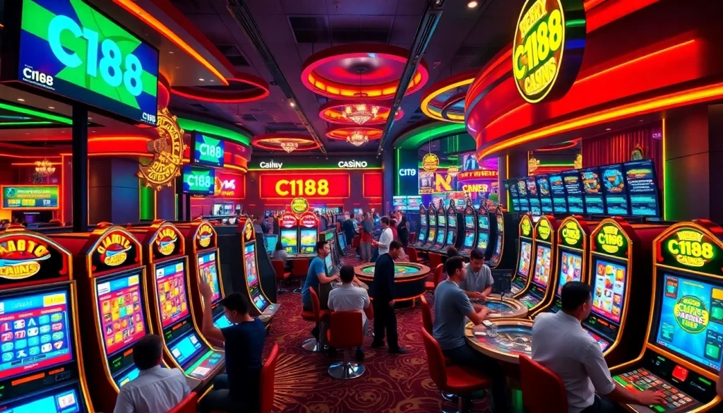 C168 vibrant online casino atmosphere with colorful slot machines and dynamic lighting.