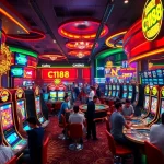 C168 vibrant online casino atmosphere with colorful slot machines and dynamic lighting.