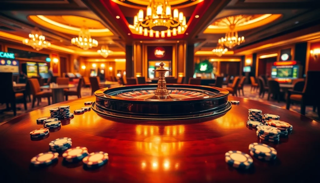 Engaging casino roulette table scene showcasing vibrant poker chips and an inviting atmosphere.