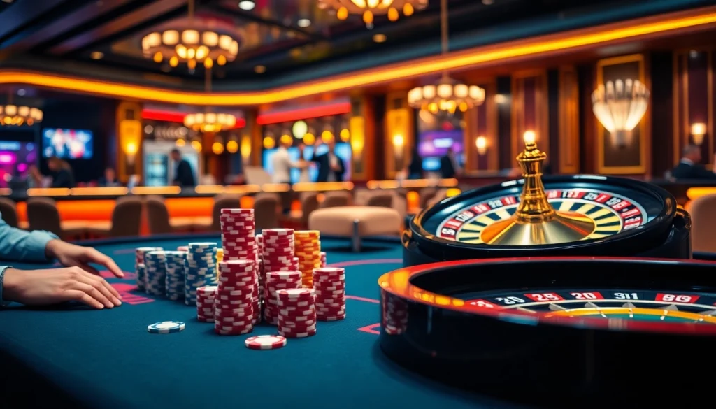 Experience thrilling gameplay with New88's vibrant casino atmosphere featuring poker and roulette.