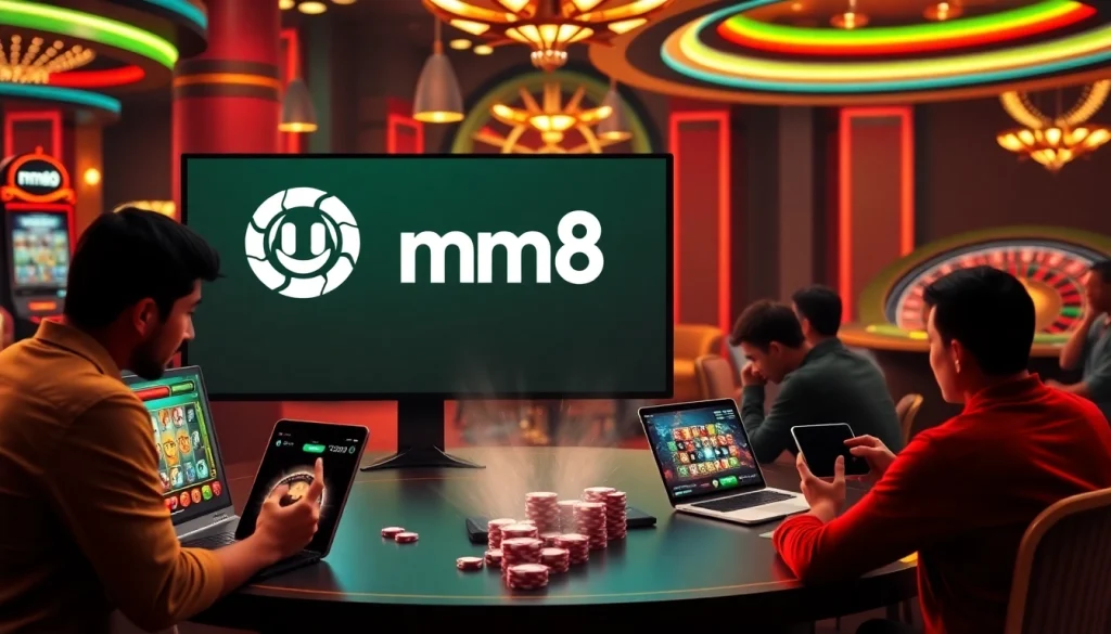 Engage with mm88 online gambling featuring vibrant visuals of slot machines and poker chips.